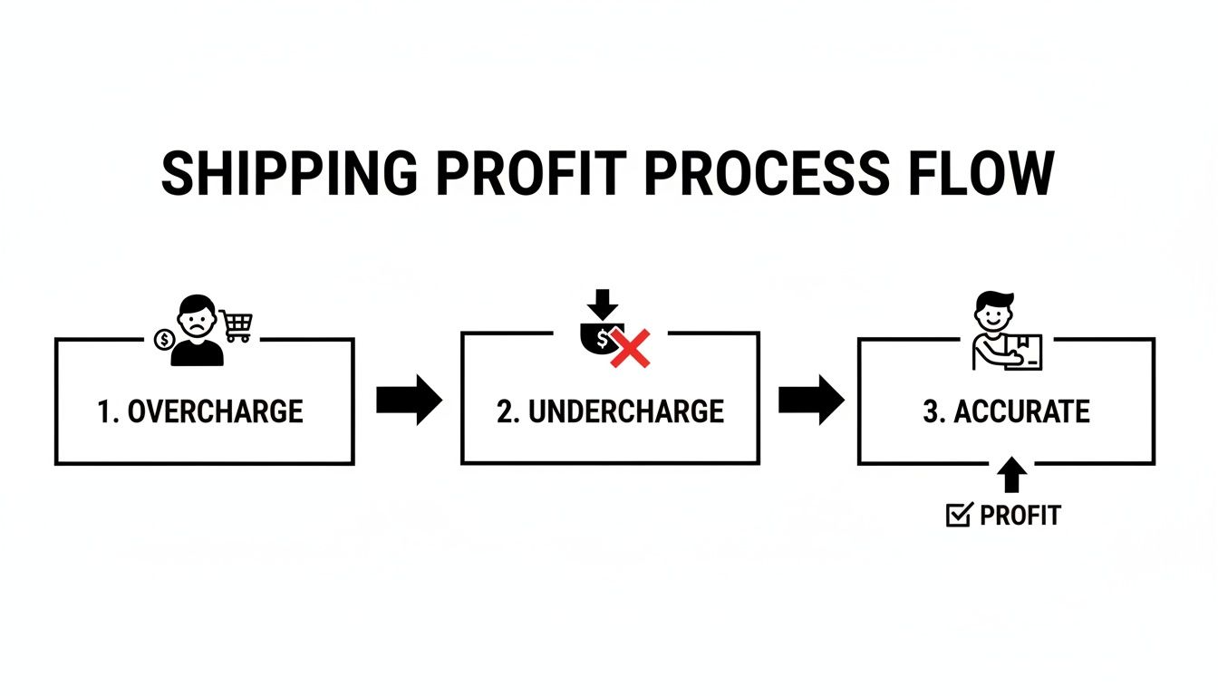 Diagram illustrating the shipping profit process flow, showing overcharge, undercharge, and accurate charging leading to profit.