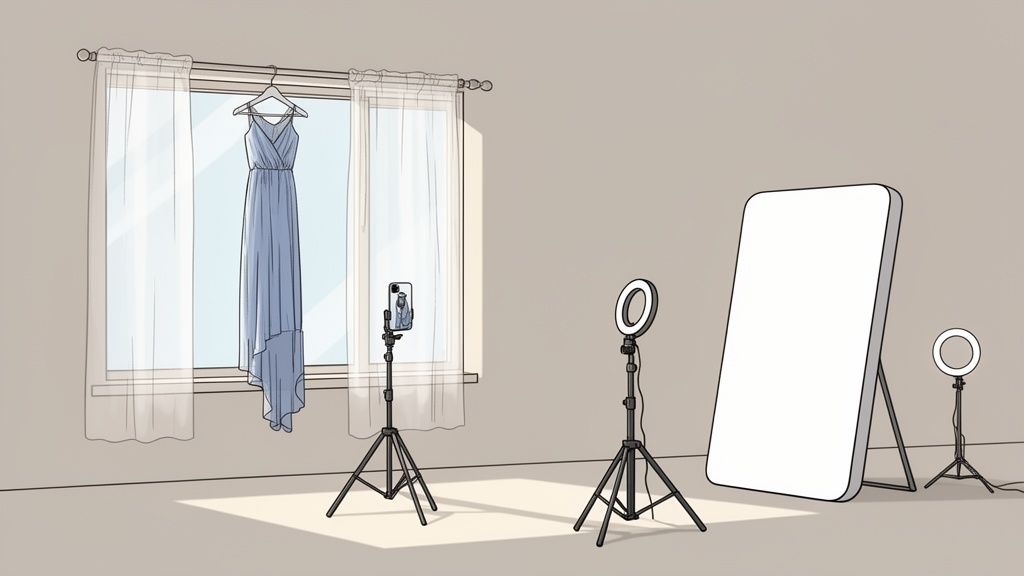 Home studio setup with a blue dress, smartphone, and ring lights for product photography.