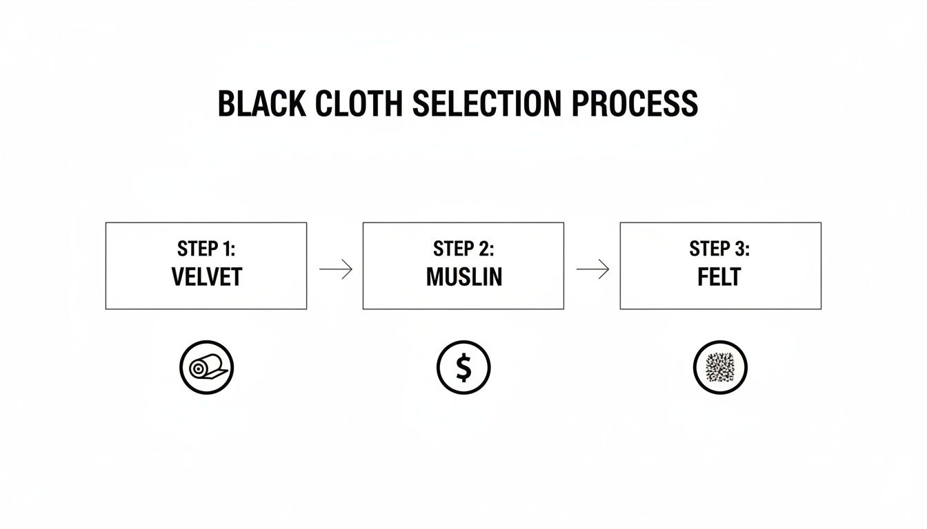 A flowchart outlining the black cloth selection process, featuring steps for velvet, muslin, and felt fabrics.