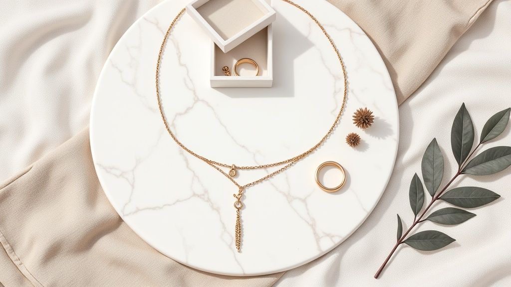 A beautifully styled photo of a necklace and earrings on a textured background with subtle props.