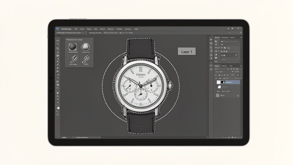 Digital illustration of a classic watch design being edited in Adobe Photoshop on a tablet.