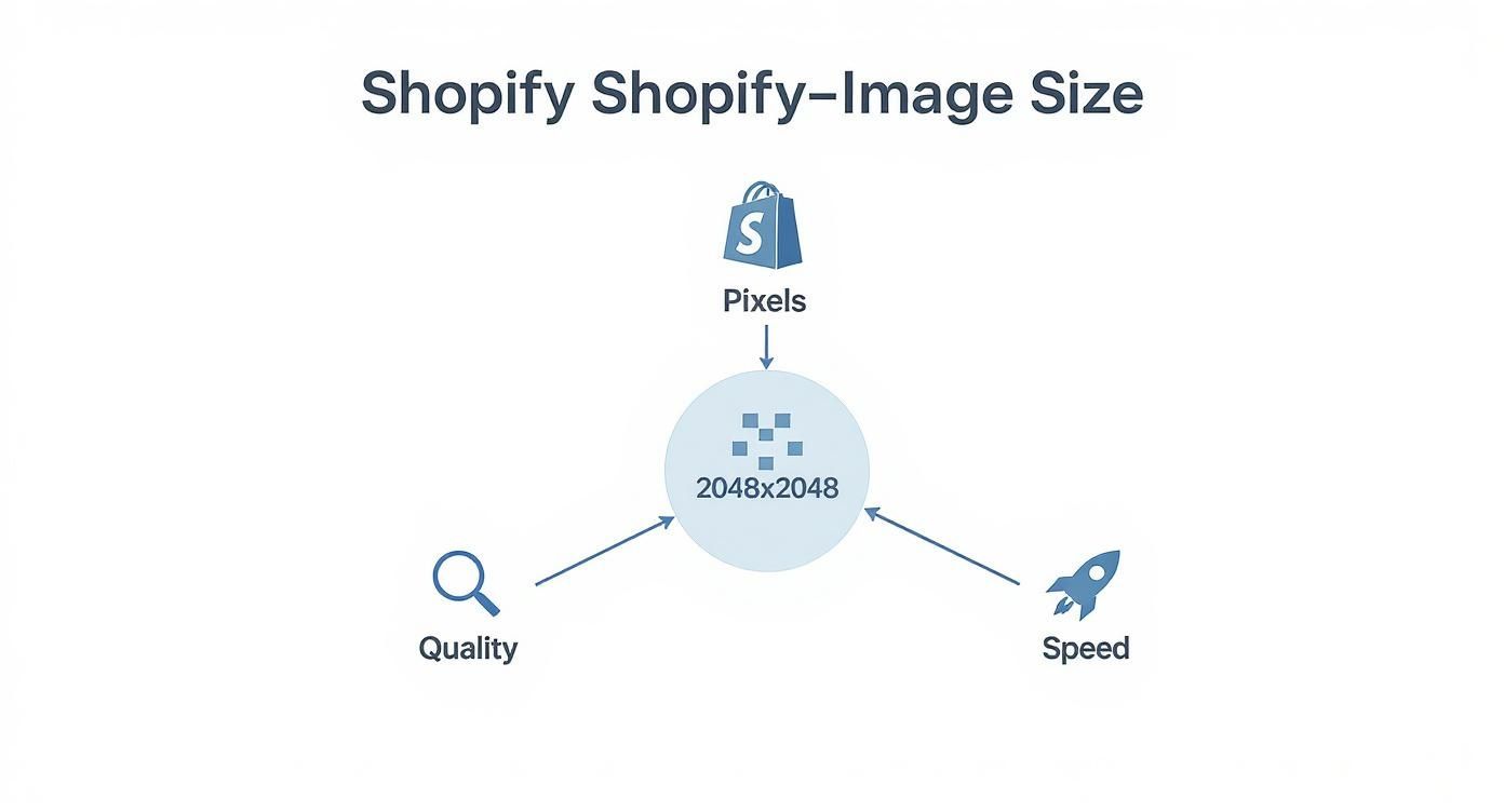 Infographic showing that the best image size for Shopify products, 2048x2048 pixels, balances Quality, Zoom, and Speed.