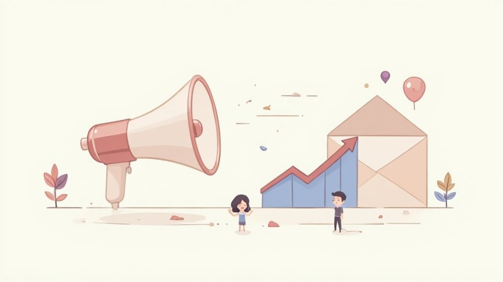 Megaphone, people, and growing bar chart next to an envelope, symbolizing marketing and business growth.