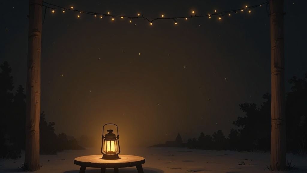 A cozy outdoor night scene with a glowing lantern on a table and string lights overhead.