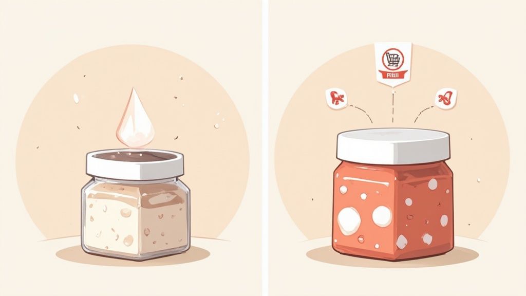 Two illustrated jars comparing a light substance with a drop falling into it and a red product with ingredient icons.