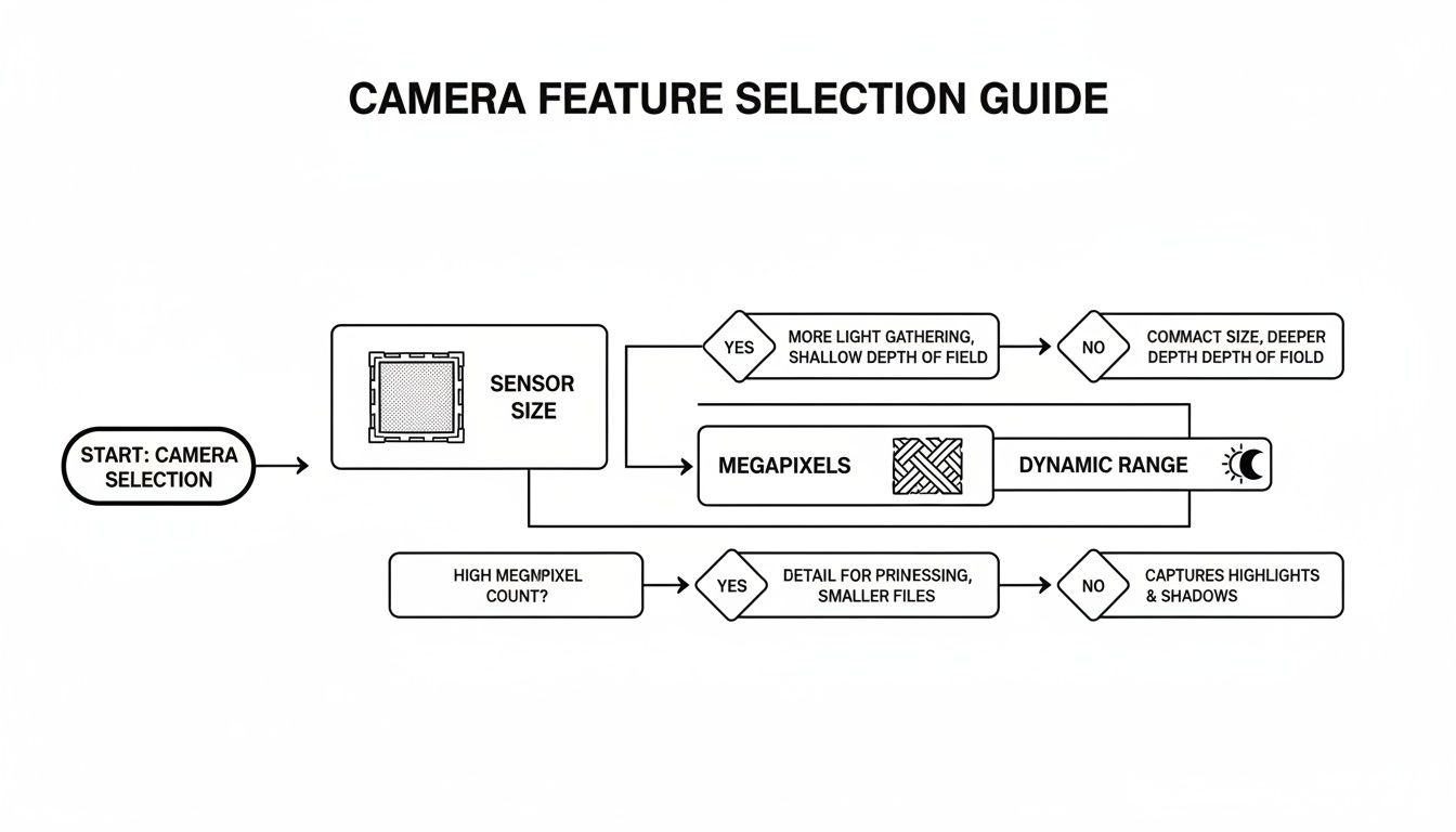 Flowchart diagram illustrating a camera feature selection guide, covering sensor size, megapixels, and dynamic range.