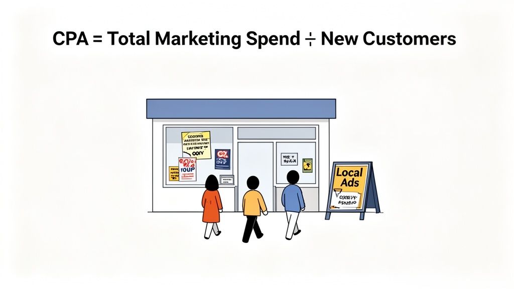 Formula for CPA: Total Marketing Spend divided by New Customers, with a local store illustration.