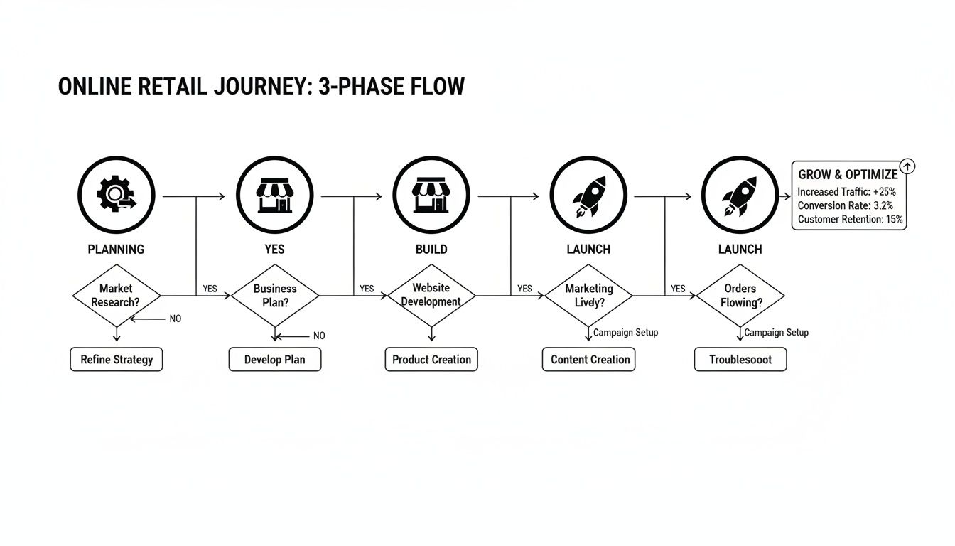 Flowchart outlining the 3-phase online retail journey: planning, build, launch, and grow & optimize.