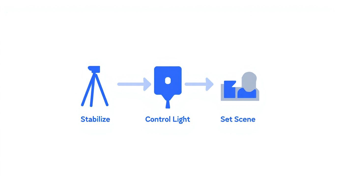 A three-step workflow illustrating product photography setup: stabilize with a tripod, control light with a softbox, and set the scene with a person icon.