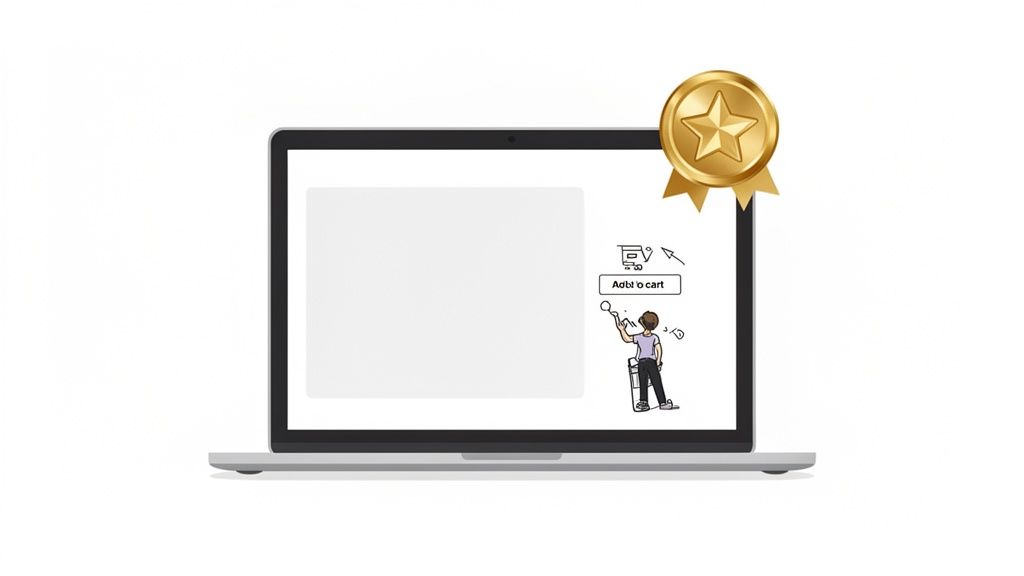 A laptop with a blank screen, showing a person interacting with an 'Add to cart' button and a golden star medal.