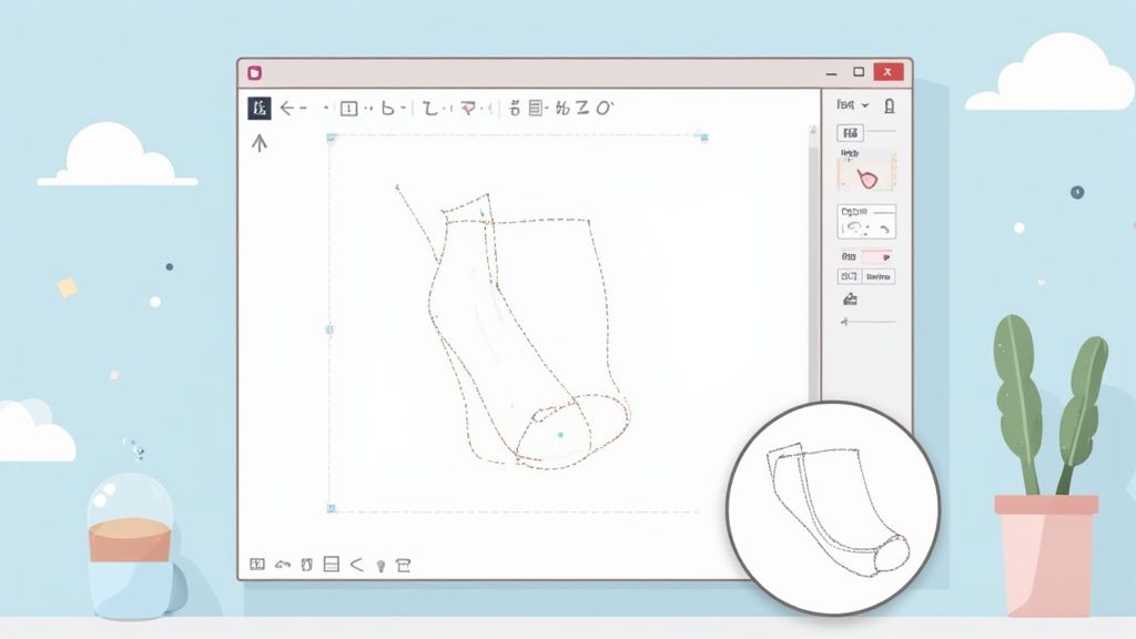 A digital design software interface displaying a wireframe drawing of a shoe, with tools and a preview.
