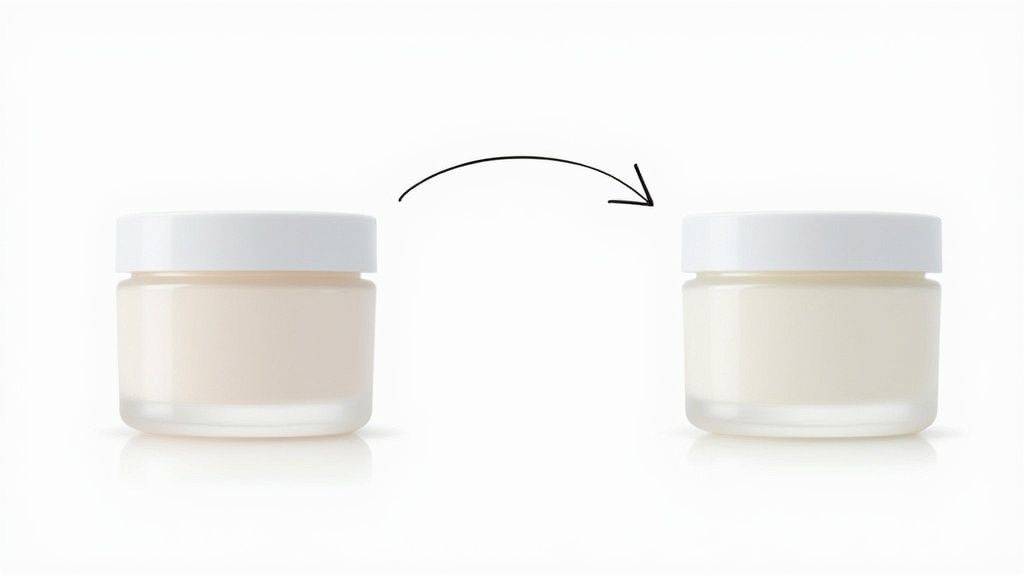 An AI-powered editing tool interface showing a beauty product with a clean, generated background and realistic shadow.