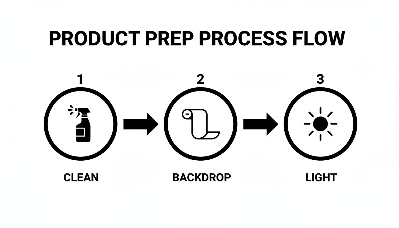 Process flow diagram showing three steps for product preparation: clean, backdrop, and light.