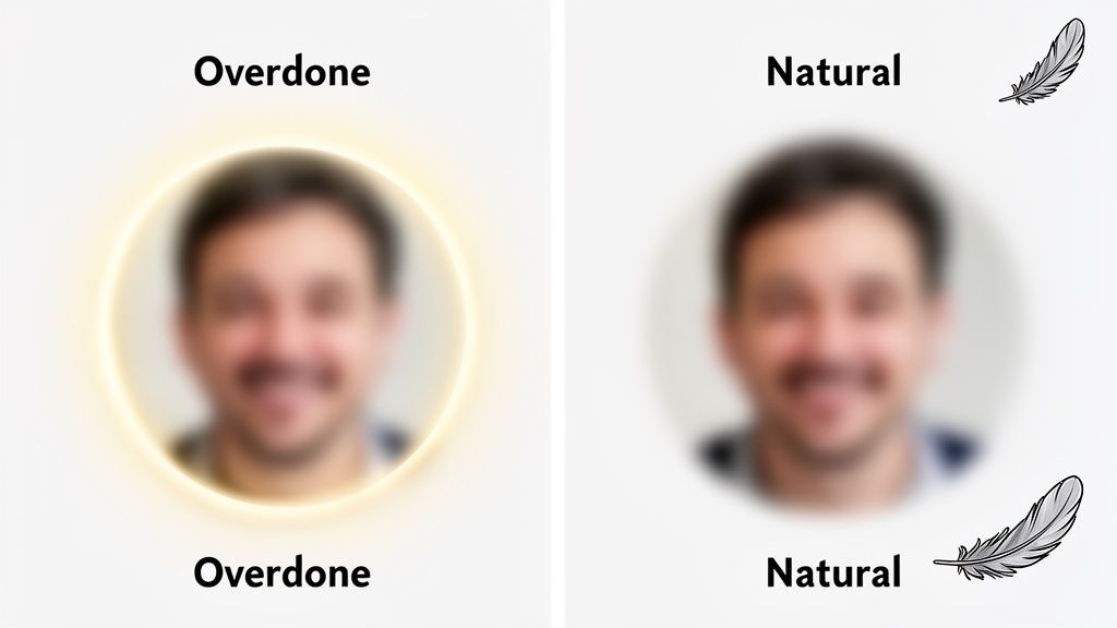 Side-by-side comparison of two blurred portraits, one with an overdone glow, the other with a natural soft blur.