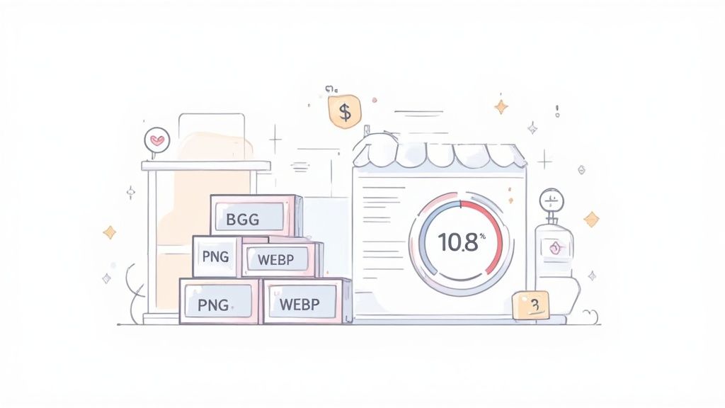 A person's hands using a laptop on a desk, with a website's product grid visible on the screen, showing neatly arranged and optimized images.