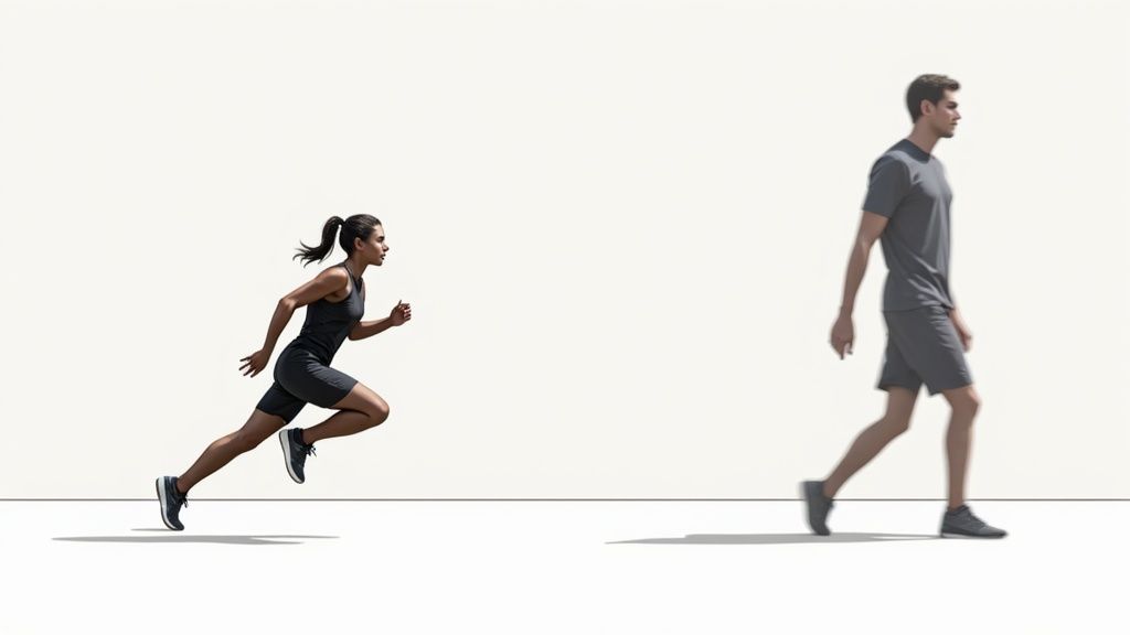 A woman runs in black activewear while a man walks in gray athletic shorts and t-shirt.