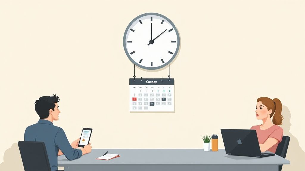 Two people at a desk, a clock and calendar on the wall, representing time management and work.
