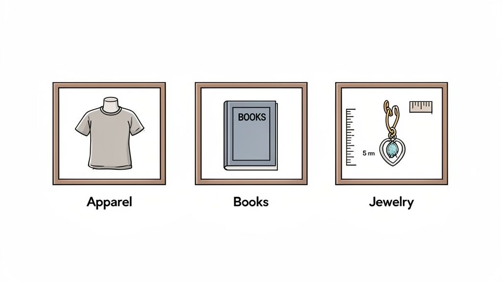 Three framed illustrations show apparel, books, and jewelry, representing various product categories.