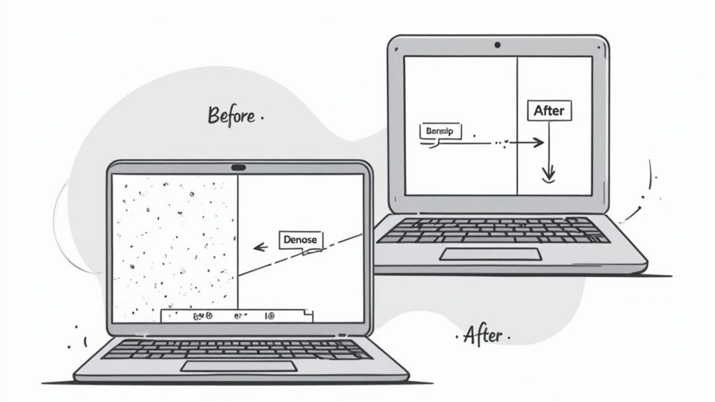 Two laptops illustrate image noise reduction, comparing a noisy 'before' state with a clean 'after' state.