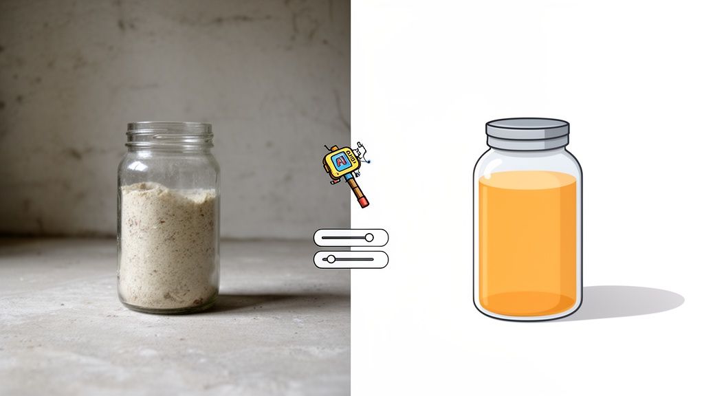 A side-by-side image showing a jar of powder transforming into a jar of orange liquid, with AI controls.