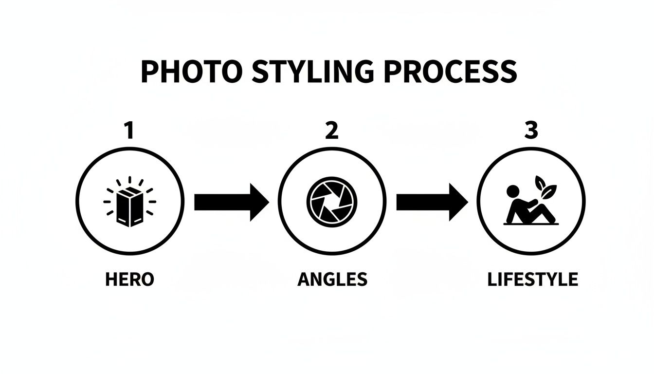 An infographic illustrating the photo styling process with three steps: hero, angles, and lifestyle.