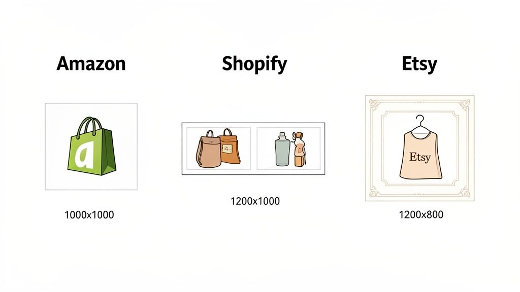 Comparison of product image size requirements for e-commerce platforms like Amazon, Shopify, and Etsy.