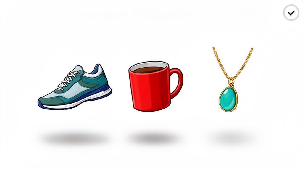 Three items displayed: a blue running shoe, a red coffee mug, and a turquoise pendant necklace on white background.