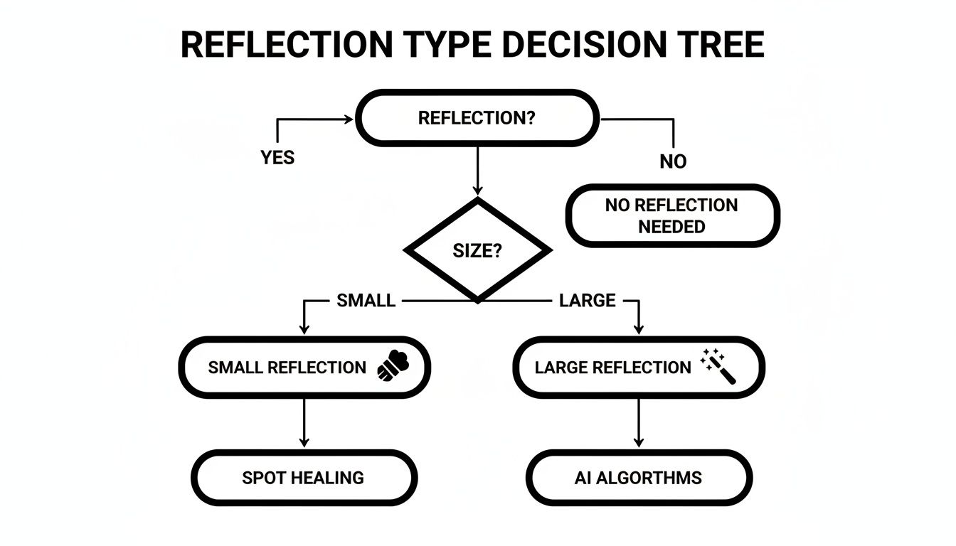 A decision tree flowchart for handling reflections, categorizing them by size for removal.