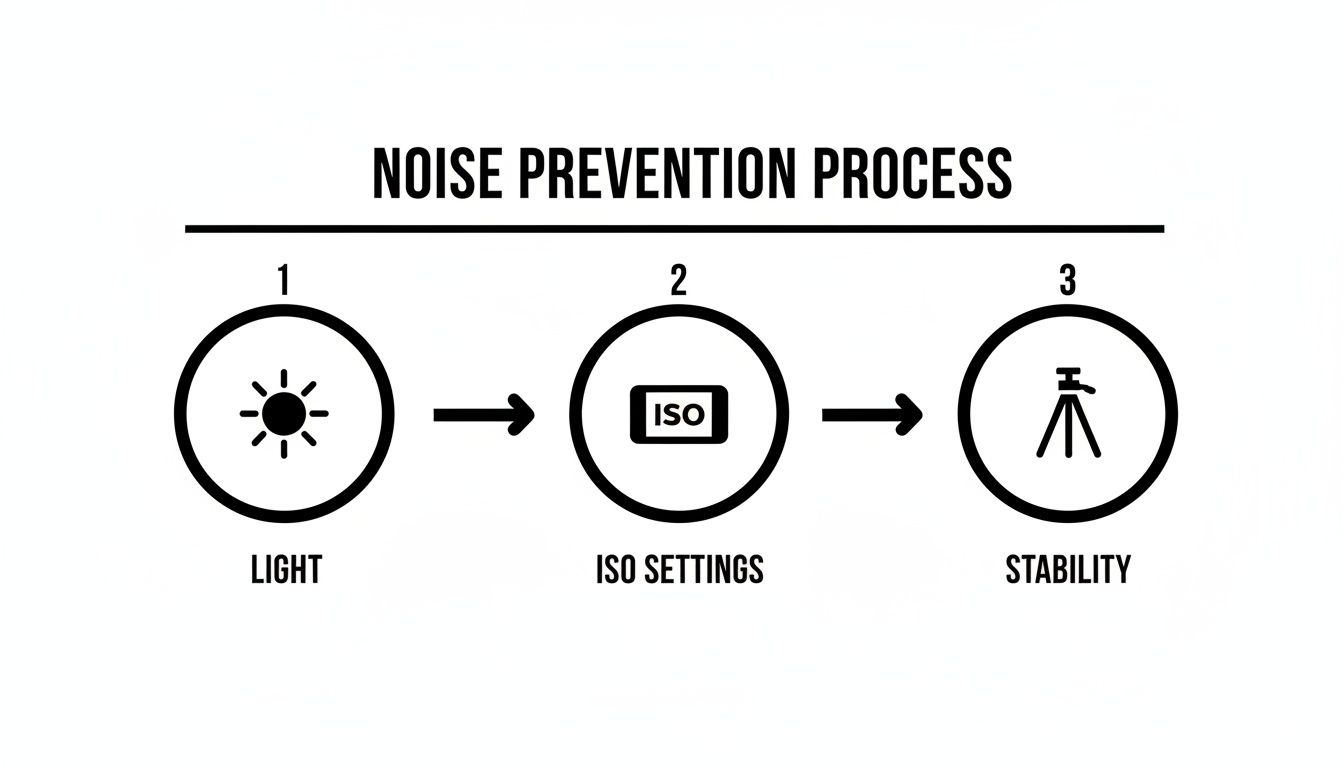 A flowchart titled 'Noise Prevention Process' showing three steps: Light, ISO Settings, and Stability.