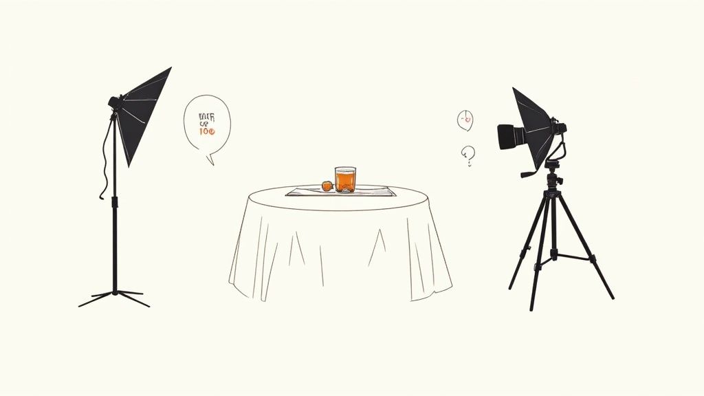 A clean product photography setup showing a camera on a tripod pointed at a product on a white background with a light.