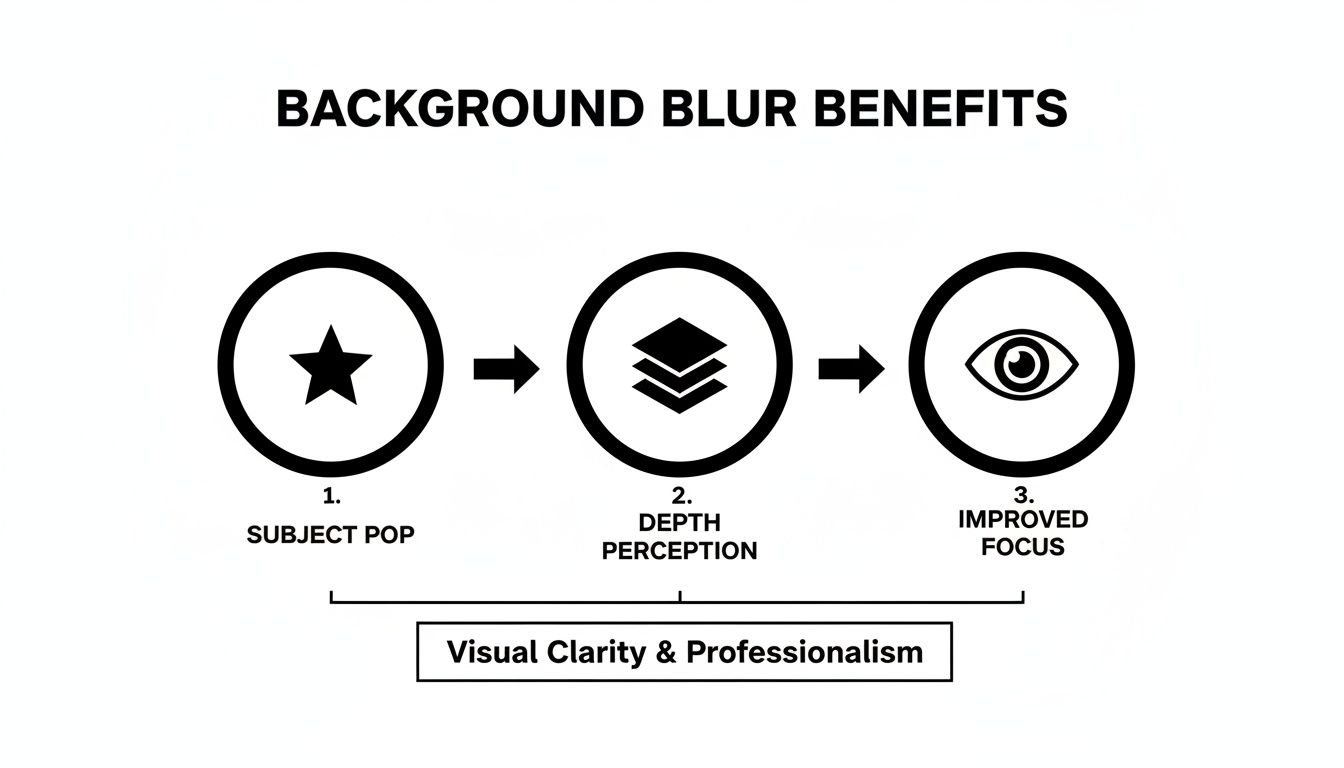 Infographic detailing three benefits of background blur: subject pop, depth perception, and improved focus.