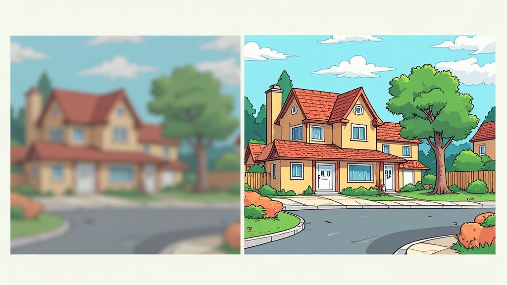 A woman smiles while using a laptop to edit photos with AI tools, showing the ease and efficiency of the process.