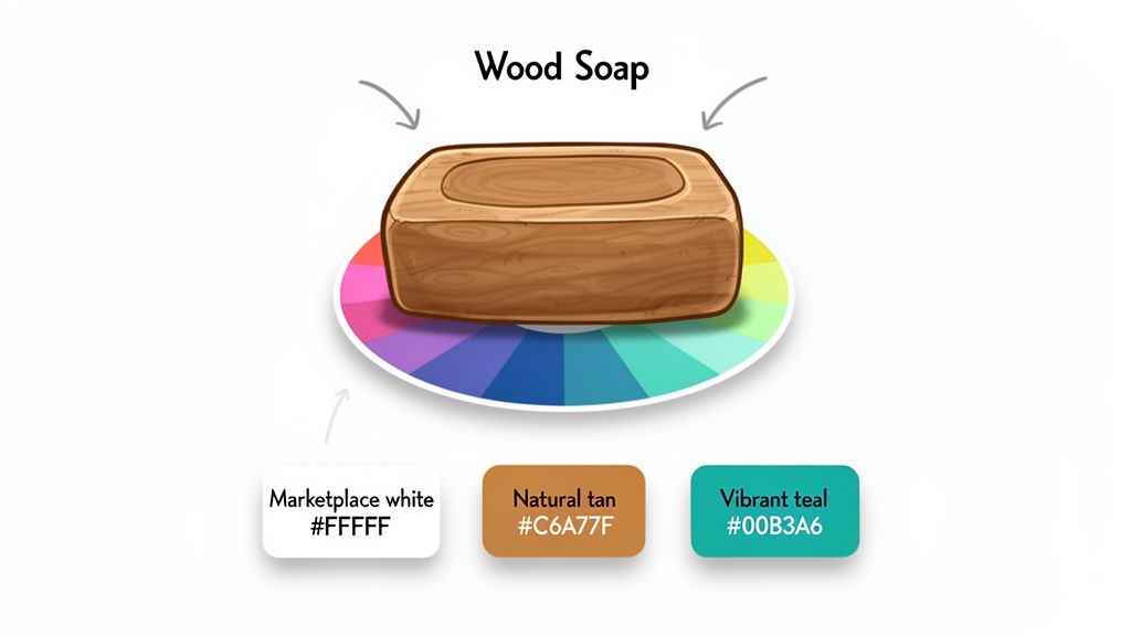 Illustration of a wood soap bar on a color wheel, showing a palette of three specific colors.
