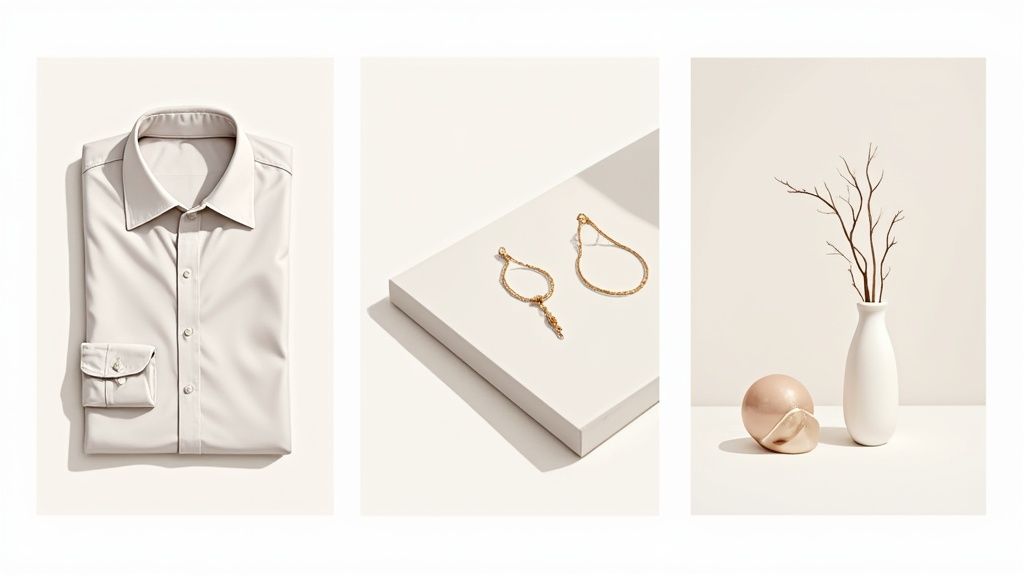 A collection of product photos for different items like apparel, jewelry, and home decor being arranged.