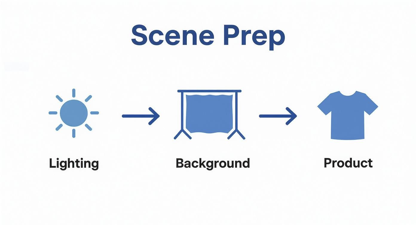 Flowchart outlining scene preparation steps for product photography, including lighting, background, and product setup.