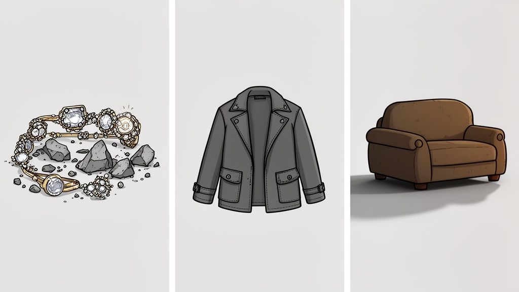 Illustration of antique gold jewelry with diamonds and rocks, a gray jacket, and a brown armchair.