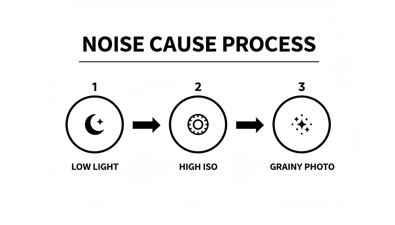 A diagram illustrating the noise cause process: low light leads to high ISO, resulting in a grainy photo.