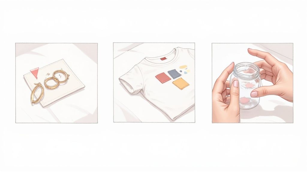 A variety of products, including a watch and cosmetics, styled for a product photoshoot.