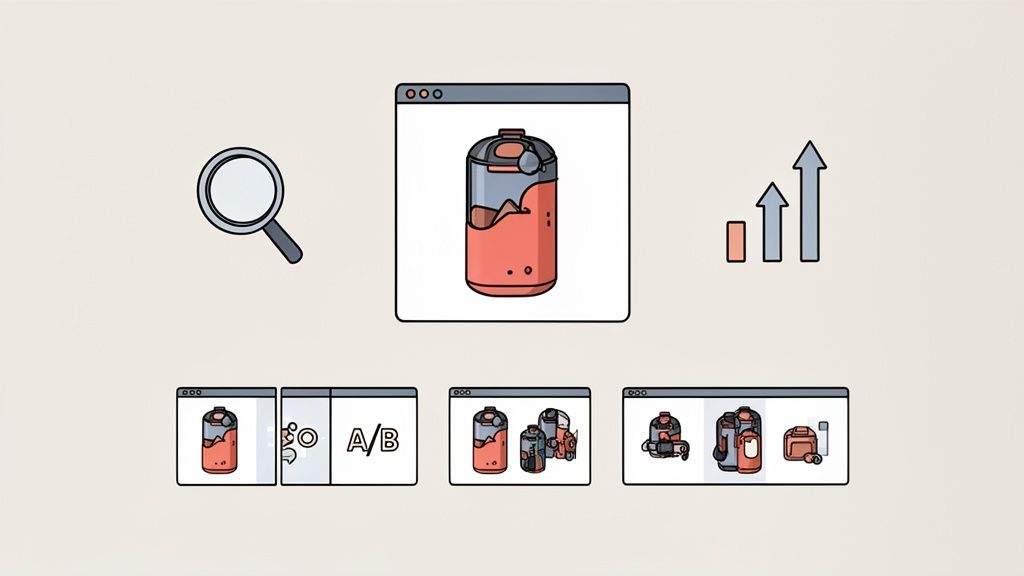 Illustration of e-commerce product display, search, A/B testing, and growth analytics for optimization.