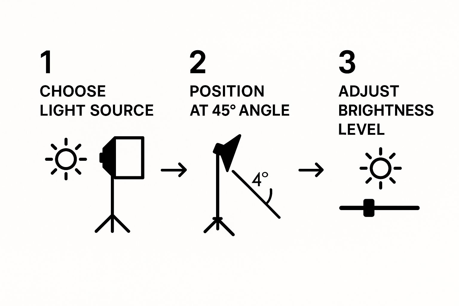 An infographic illustrating the three-step process for setting up lighting for product photography, including choosing a light source, positioning it at a 45-degree angle, and adjusting the brightness.