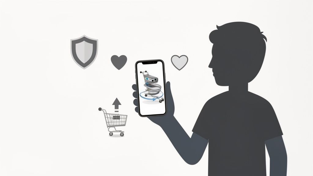 A person views a 360-degree product image of a shopping cart on a smartphone, with e-commerce related icons.