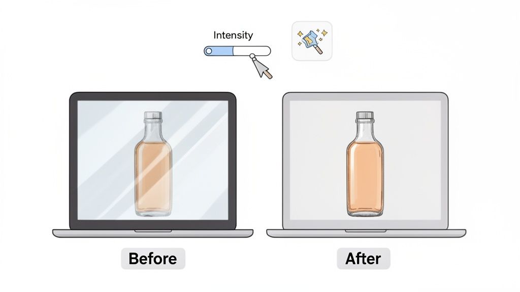 Two laptops demonstrate removing reflections from a bottle on screen using an intensity slider.