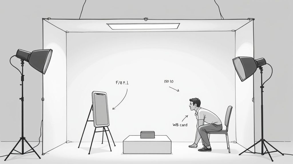 A camera on a tripod pointed at a product inside a lit light box.