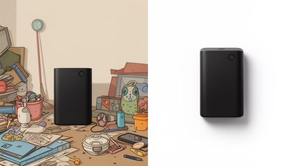 A black rectangular device is shown on a messy cartoon desk and a clean white background.