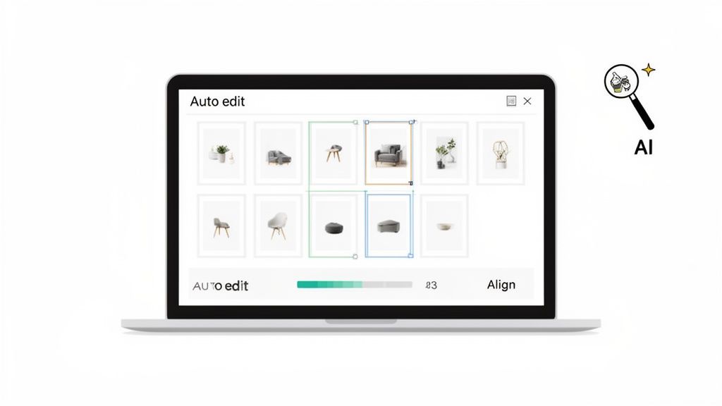 Laptop displaying an AI auto-editing software interface for product photos of furniture and home decor.