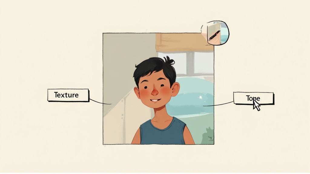 Illustration of a smiling cartoon boy with 'Texture' and 'Tone' labels, and a cursor clicking 'Tone'.