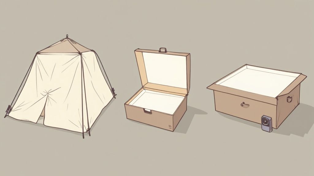 Three light-colored objects: a tent, an open box, and another box with a device, possibly for photography.