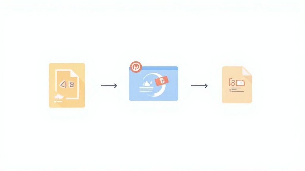 A visual representation of a three-step workflow: resizing an image, compressing it, and naming the file.