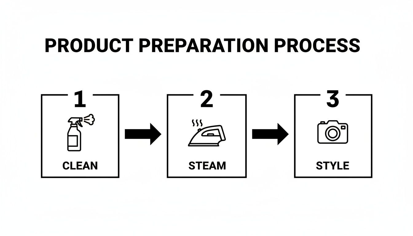 Diagram showing a three-step product preparation process: clean with a spray bottle, steam with an iron, and style with a camera.
