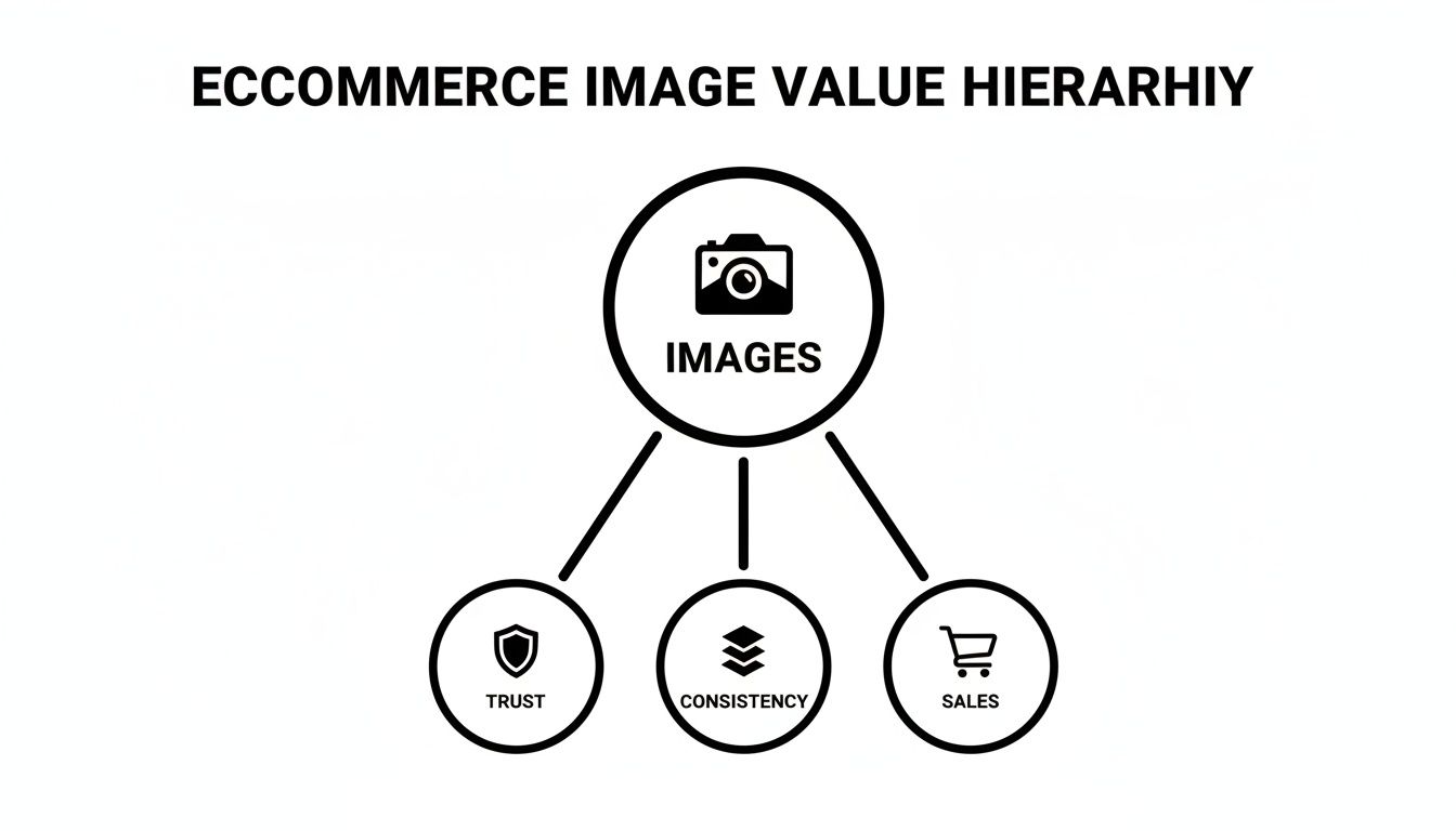 A diagram illustrating the e-commerce image value hierarchy, showing how images lead to trust, consistency, and sales.